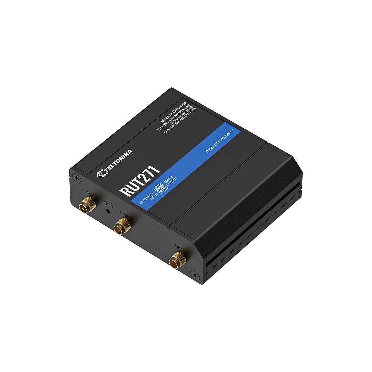 Schwarzer Router mit "RUT271" Aufdruck und Anschlüssen. Aufschrift: "TELTONIKA", "Made in Lithuania", und "Default IP: 192.168.1.1".
