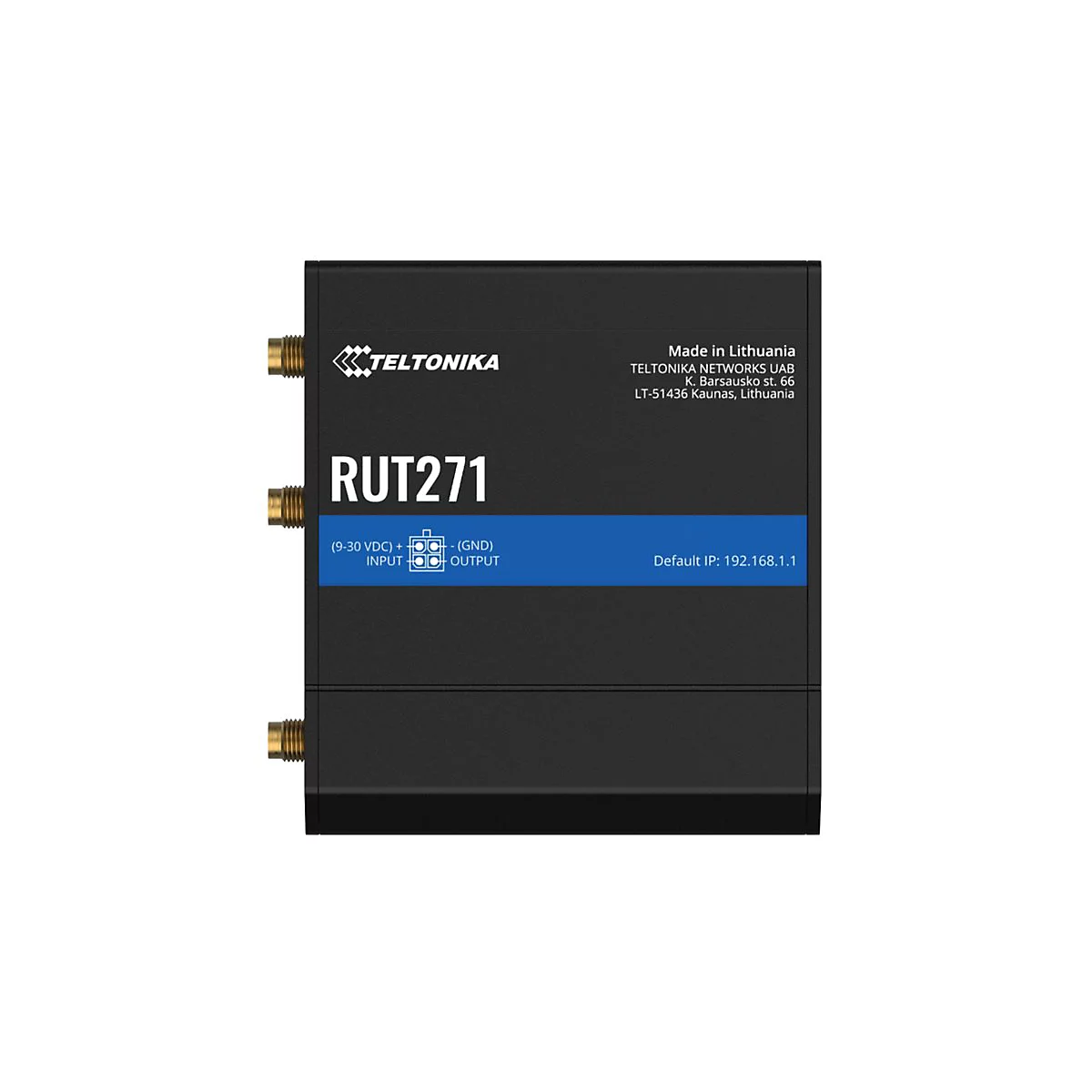 Schwarzes Netzwerkgerät RUT271 mit Anschlüssen, Logo und technischer Beschriftung. Blaue Leiste mit IP-Adresse.