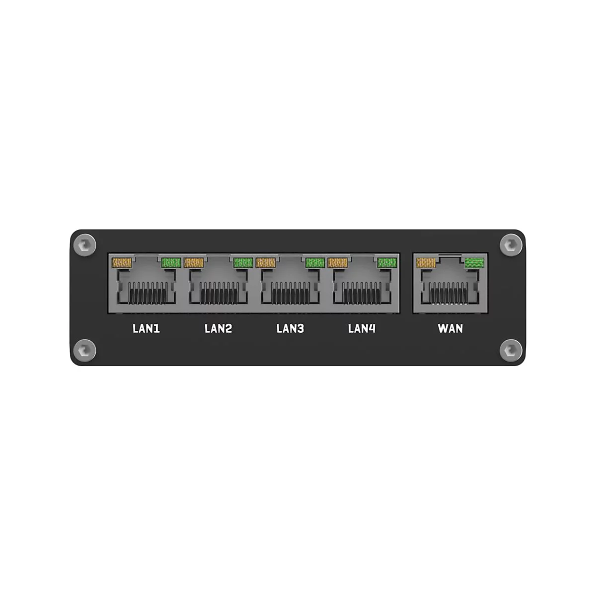 Nahaufnahme eines schwarzen Routers mit Anschlüssen für LAN1, LAN2, LAN3, LAN4 und WAN. Die Anschlüsse sind mit farbigen LEDs gekennzeichnet.
