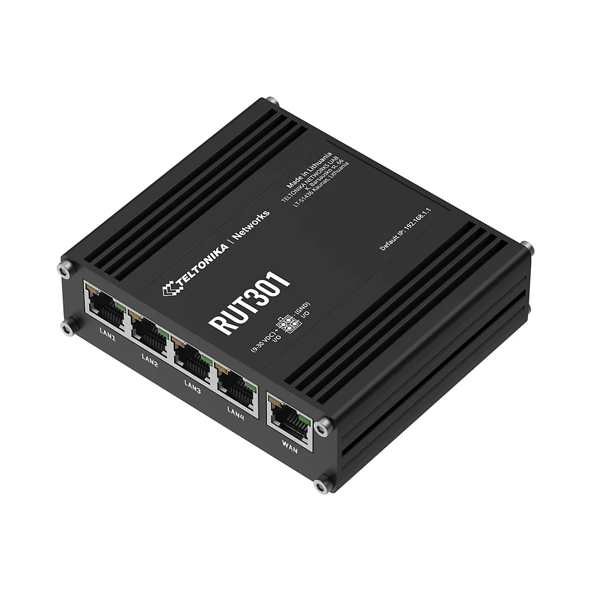 Schwarzer Router mit "TELTONIKA Networks" und "RUT301" Schriftzug. Anschlüsse für LAN und WAN.