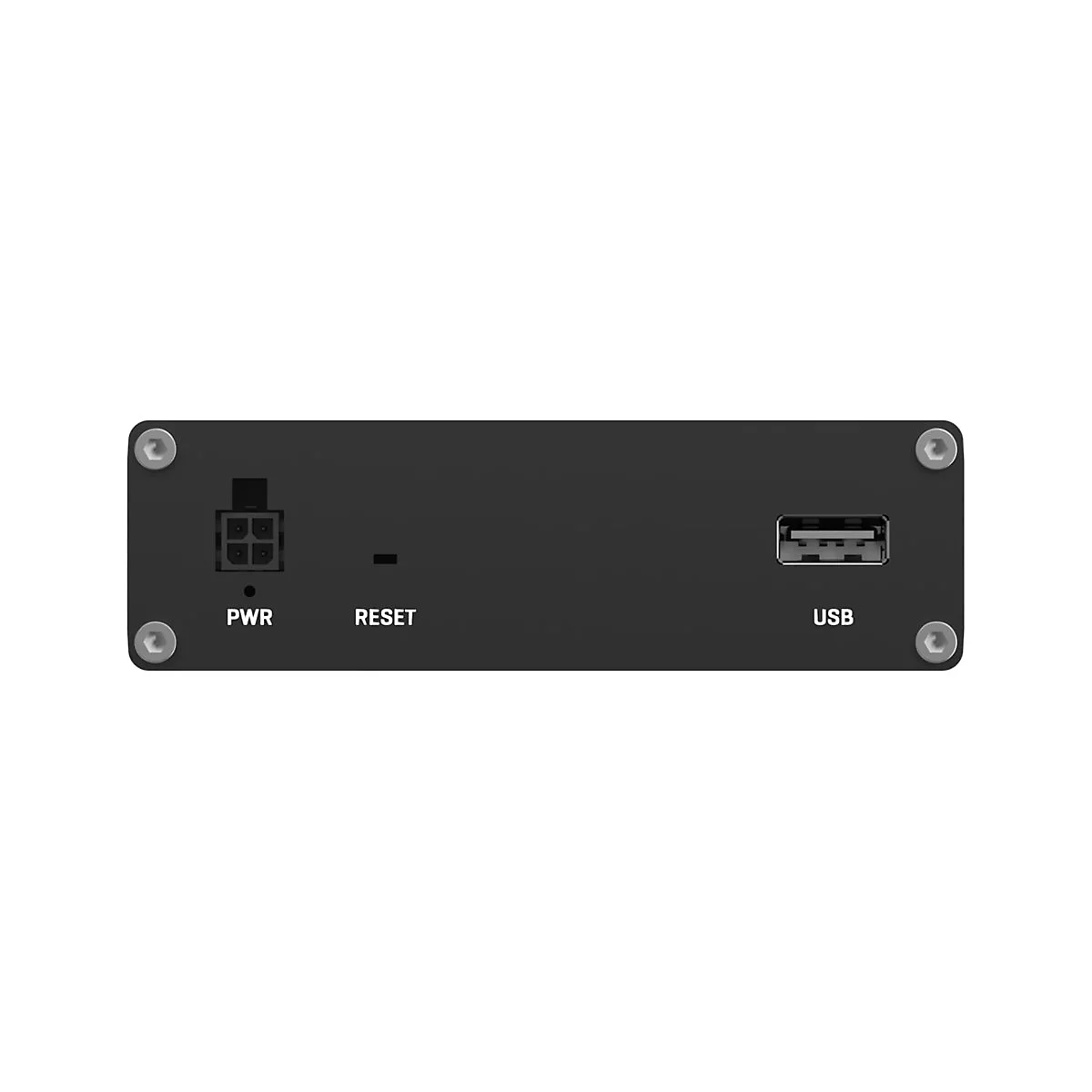 Schwarzes Gerät mit Anschlüssen. Beschriftungen: PWR, RESET, USB. Vier Schrauben an den Ecken.
