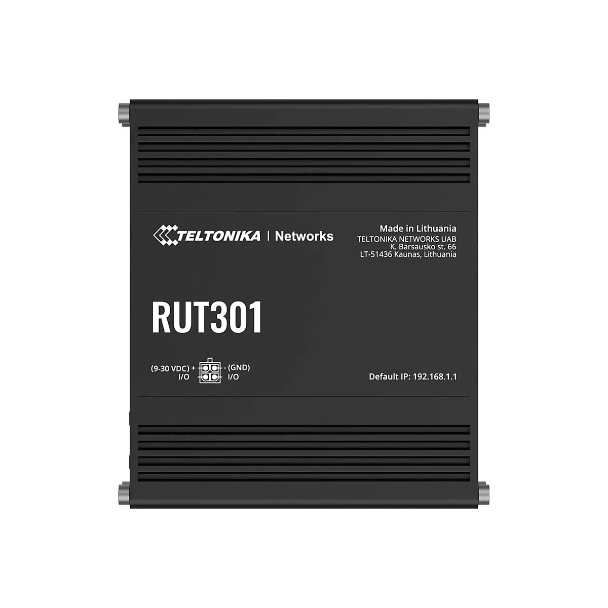 Schwarzer Router mit Texten wie "RUT301", "TELTONIKA", "Made in Lithuania", und Anschlüssen.