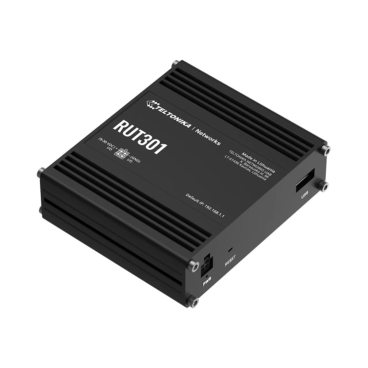 Schwarzer Router mit "RUT301" Beschriftung, USB-Anschluss und Power- und Reset-Knöpfen.