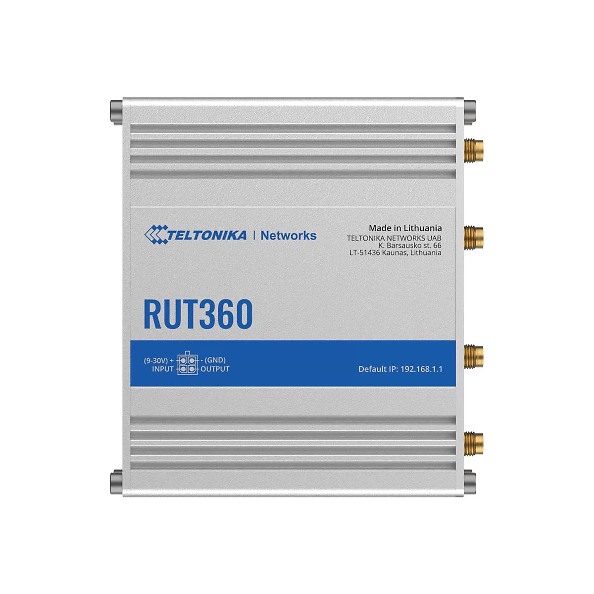 Routeur gris avec 'RUT360' et connecteurs. Texte : 'TELTONIKA Networks', 'Made in Lithuania' et autres détails techniques.