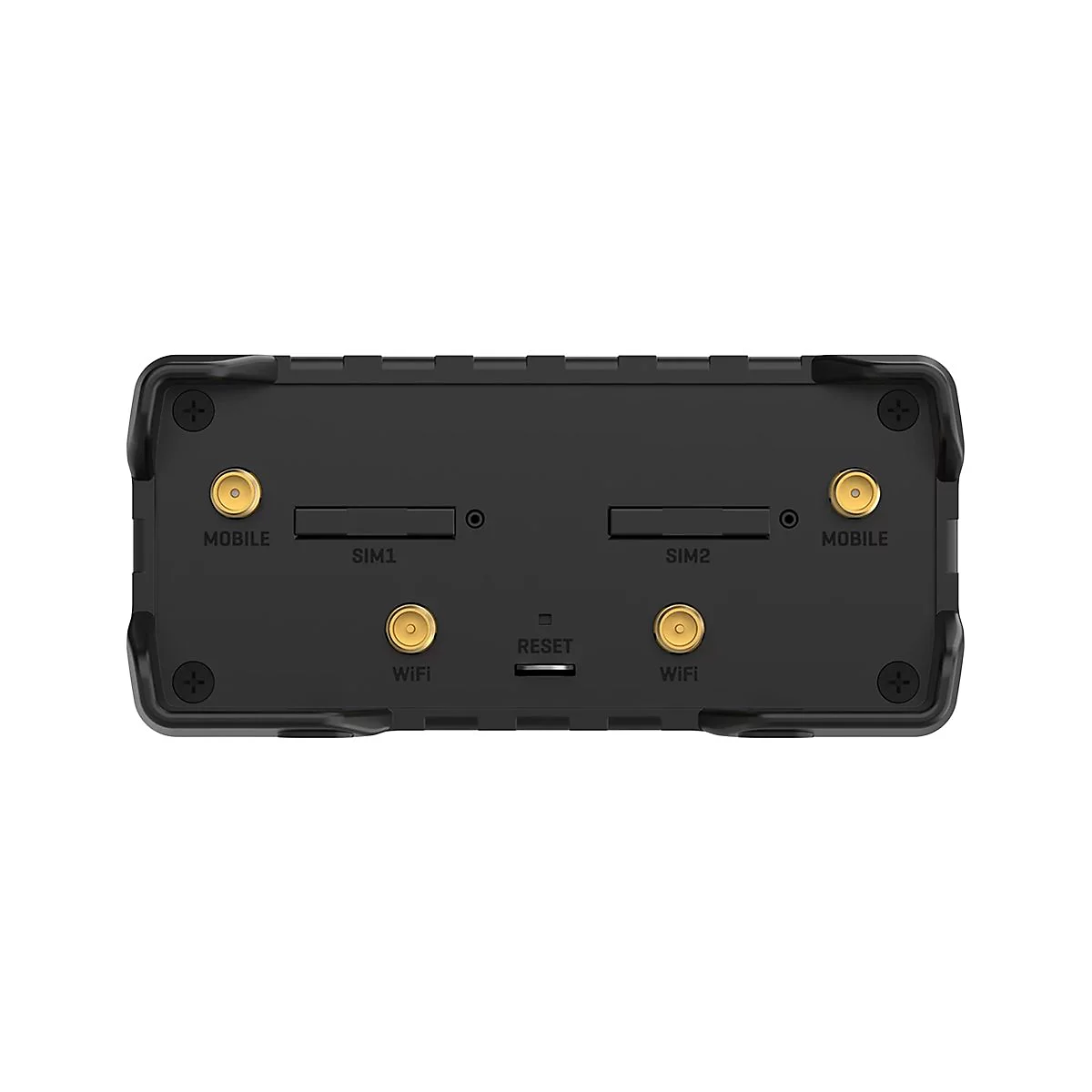 Appareil noir avec connexions carte SIM et WiFi. Étiquettes SIM1, SIM2, WIFI, MOBILE et RESET.