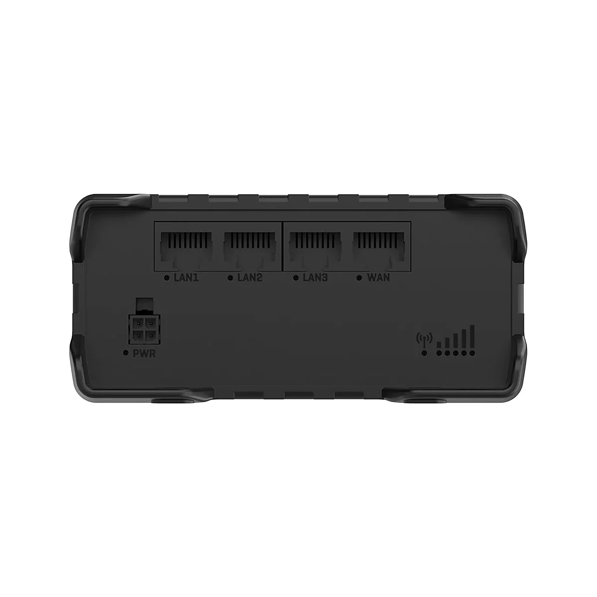 Routeur noir avec connexions LAN, WAN et alimentation. Indicateur de force du signal.