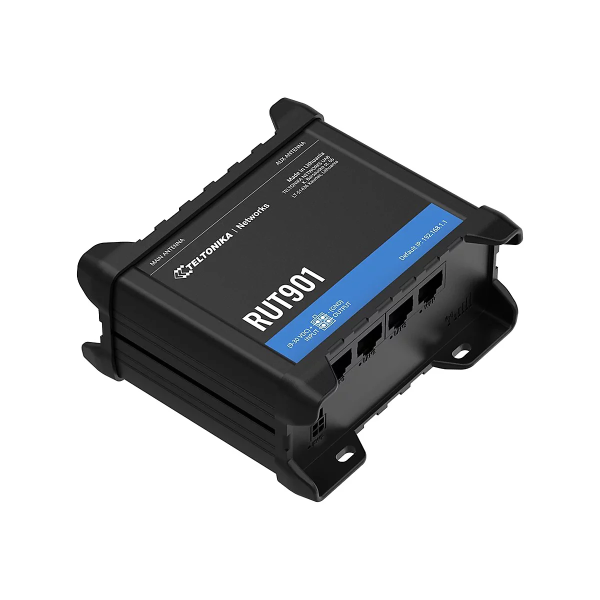 Schwarzer Router mit blauen Akzenten, vorne steht RUT901. Oben steht TELTONIKA Networks.