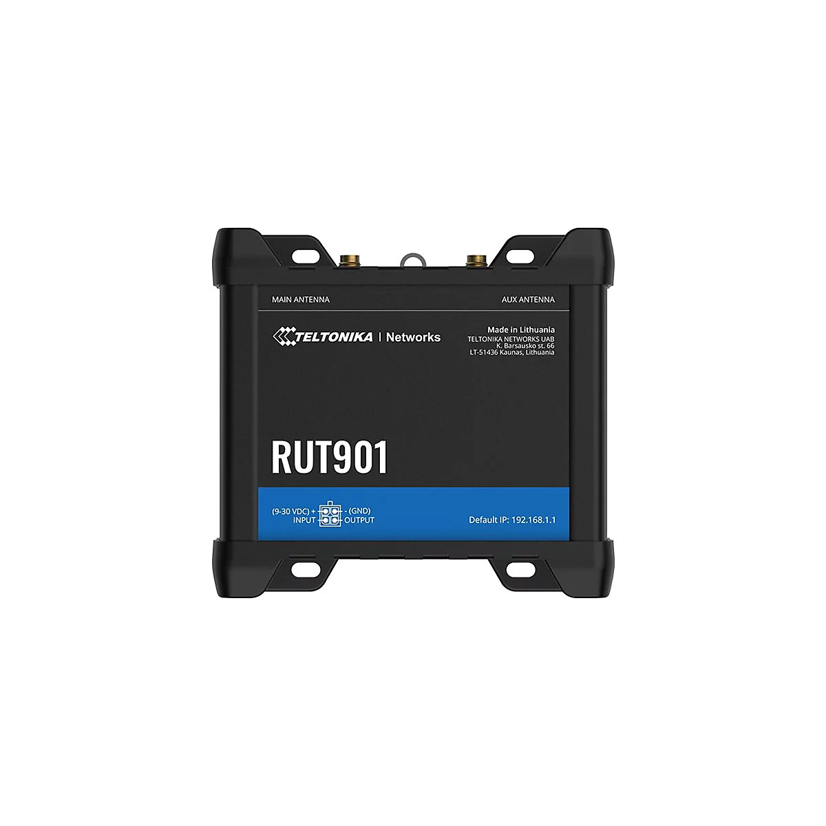 Schwarzer Router mit "RUT901" Aufdruck und Logos. Obere Schriftzüge: "MAIN ANTENNA" und "AUX ANTENNA". Blaue Input/Output-Leiste.