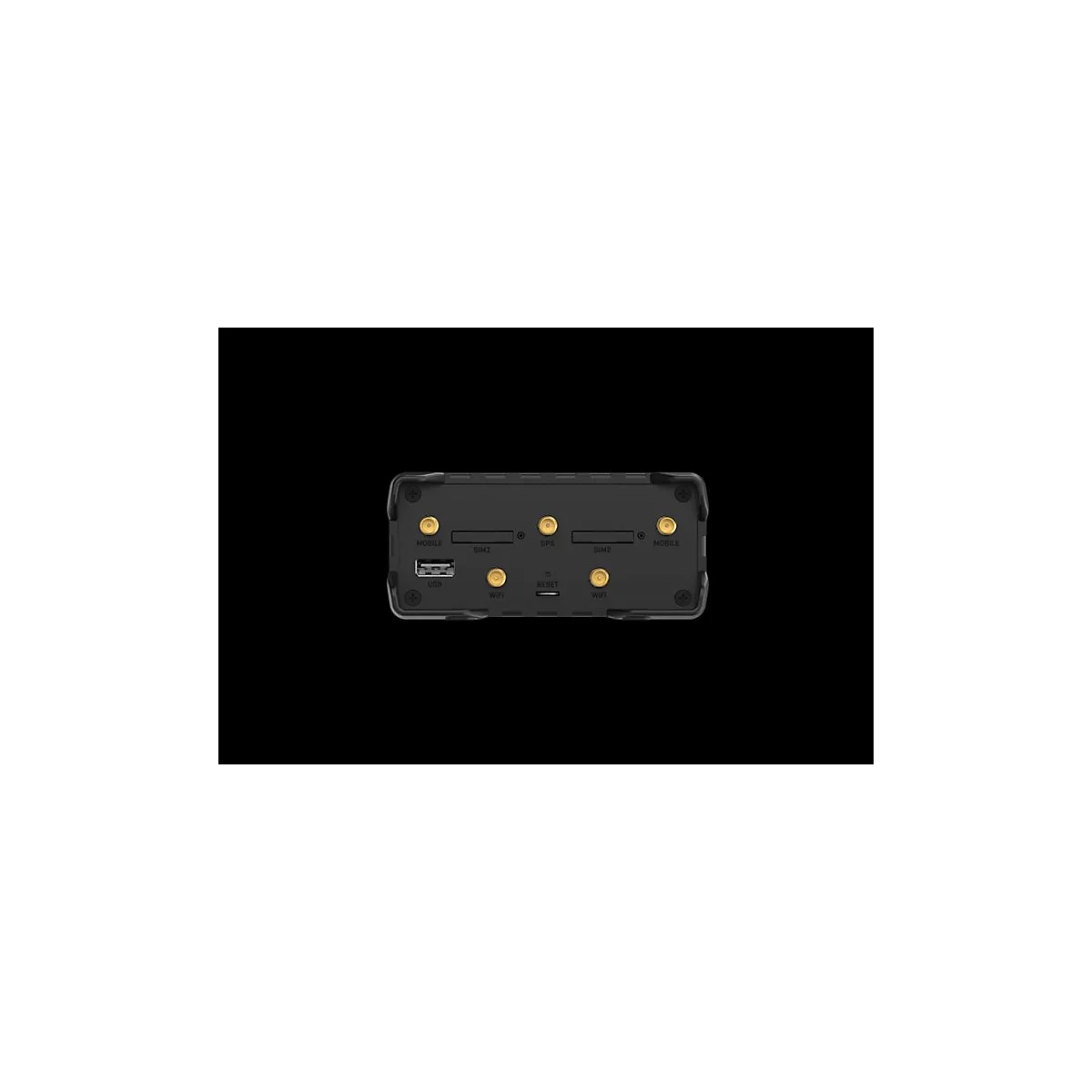 Schwarzes Gehäuse eines Industrierouters mit goldenen Antennenanschlüssen, USB-Port und SIM-Karten-Slots.