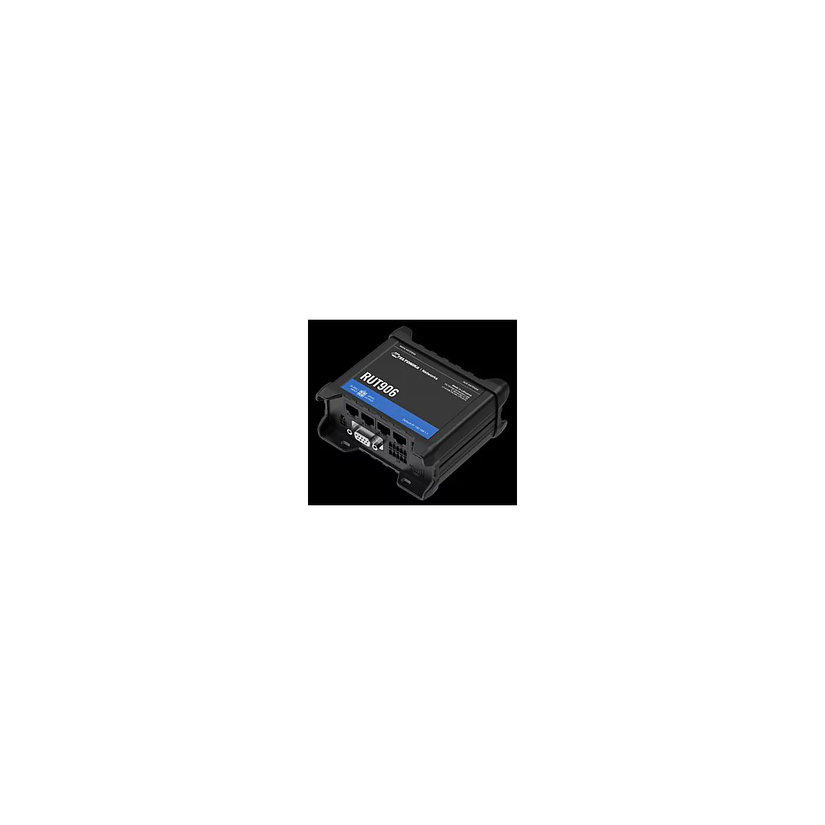 Schwarzer Router RUT906 mit blauer Beschriftung und Anschlüssen. Der Router ist auf schwarzem Hintergrund abgebildet.