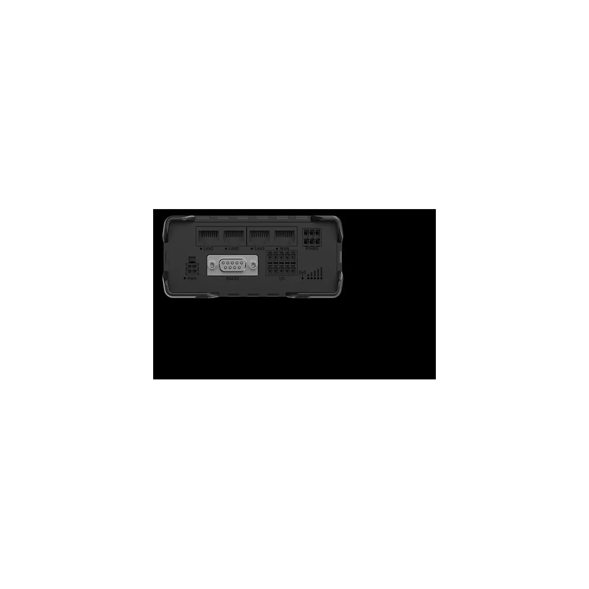 Rückseite eines schwarzen Routers mit Anschlüssen, u.a. LAN1, LAN2, LAN3, RS232 und I/O.