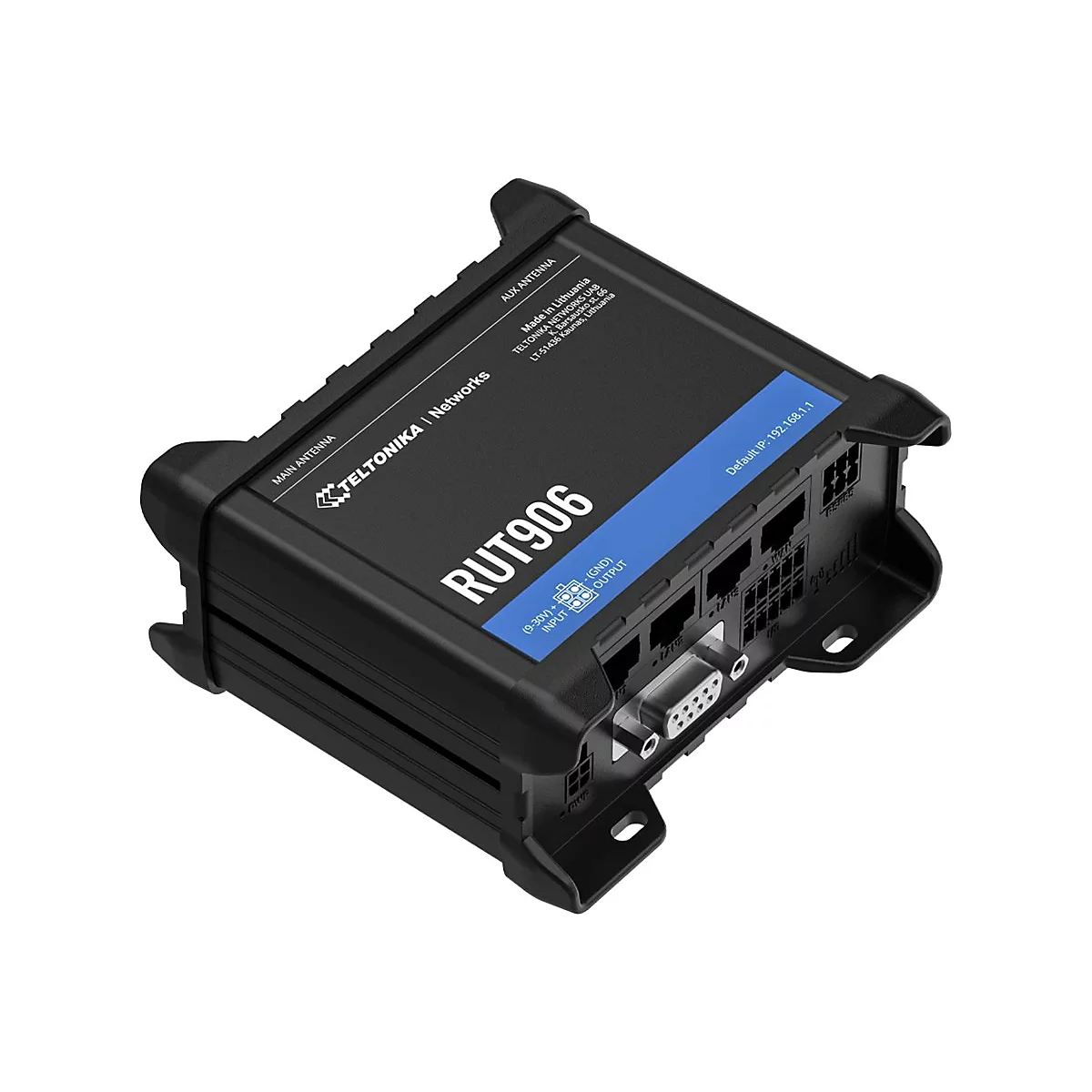 Schwarzes Router-Gerät, RUT906, mit Anschlüssen, Beschriftung und Firmenlogo.