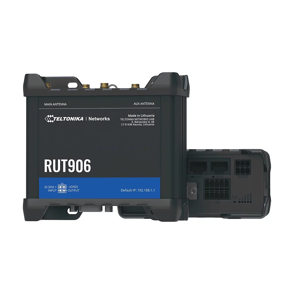 Schwarzes RUT906-Gerät mit Antennen, Beschriftung und Anschlüssen. Der Text lautet: TELTONIKA Networks, RUT906, Made in Lithuania, Default IP: 192.168.1.1.