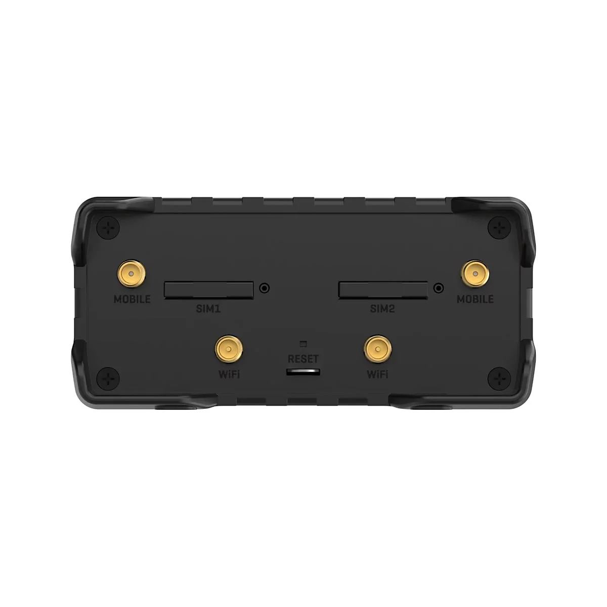 Appareil électronique noir avec connecteurs pour mobile, SIM, WiFi et réinitialisation.