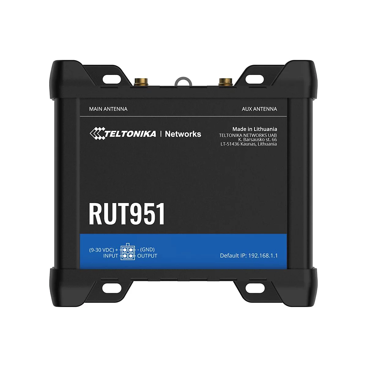 Appareil RUT951 noir avec lettrage blanc, logos et détails techniques. Connecteurs d'antenne en haut, informations fabricant sur le côté.