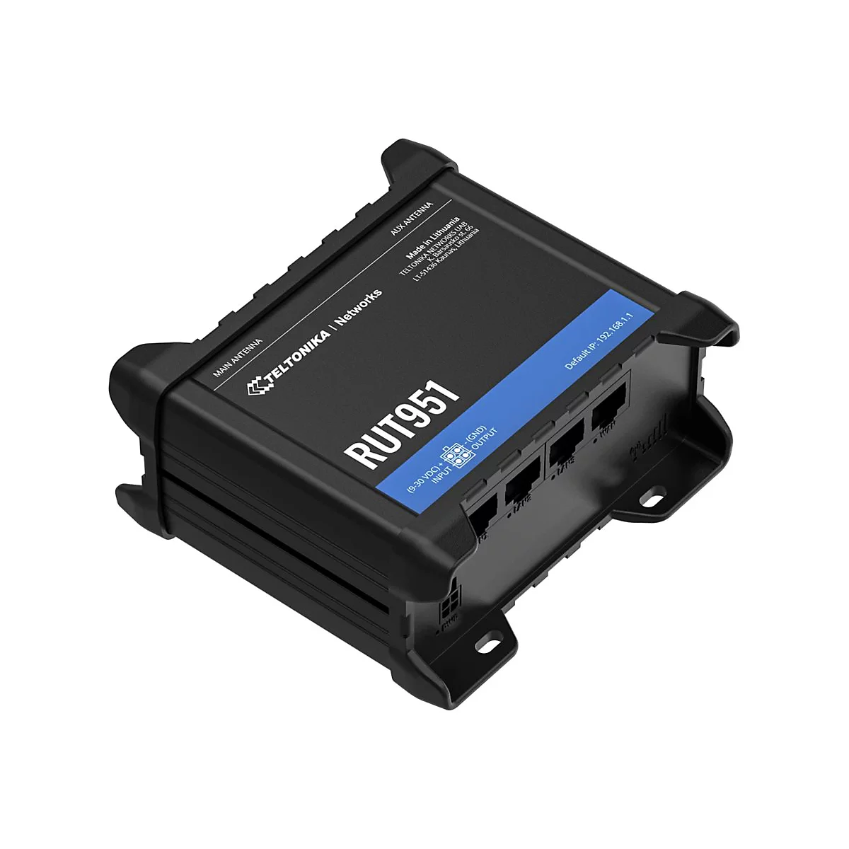 Schwarzer Router mit blauen Akzenten, RUT951 beschriftet, Teltonika Networks Logo, Anschlüsse und Antennen.