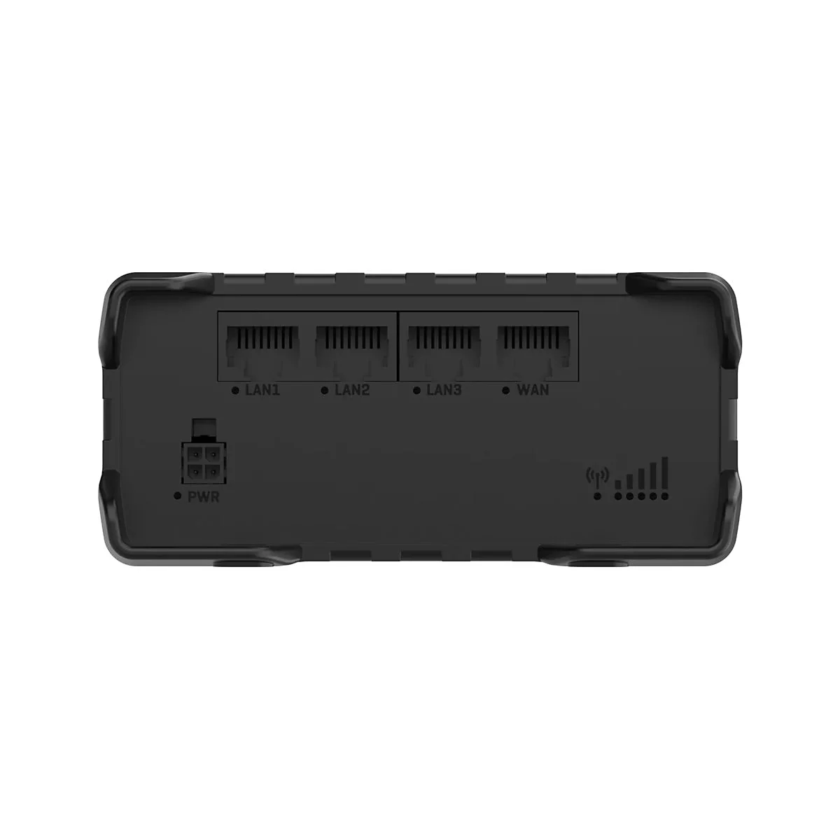 Schwarzer Router mit Anschlüssen für LAN und WAN, sowie Power-Anschluss. Darunter Statusanzeigen.