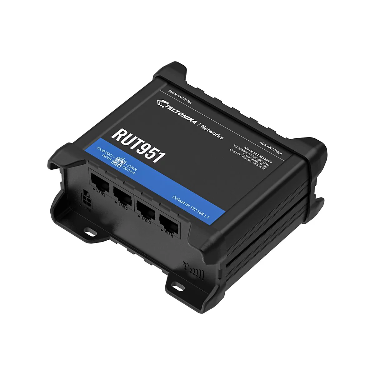 Schwarzer Router RUT951, blaue Details, Anschlüsse, Logo Teltonika.