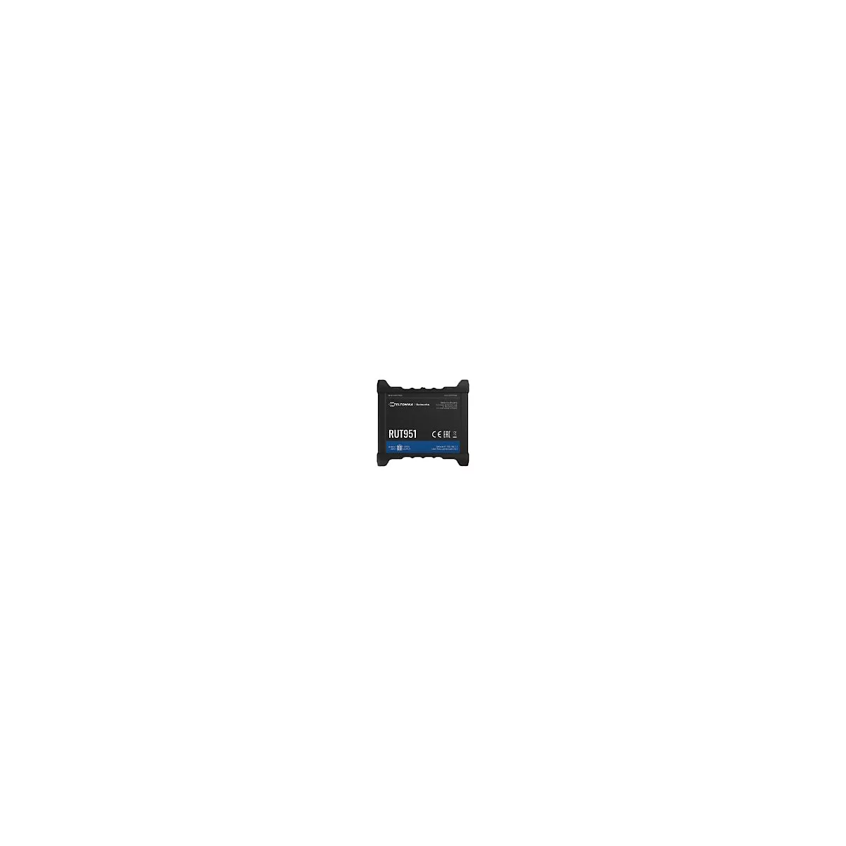 Schwarzes RUT951 Gerät, blauer Schriftzug, CE-Zeichen, Produktname, Herstellerlogo.