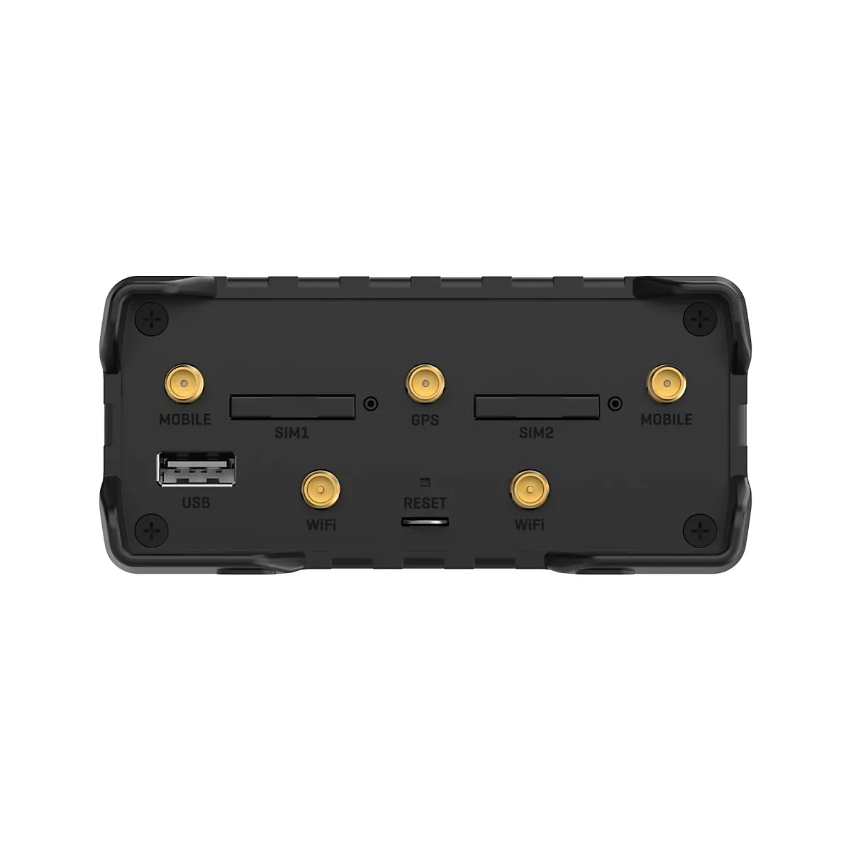 Schwarzes Gerät mit Anschlüssen für USB, SIM-Karten, GPS und WLAN. Beschriftungen in weißer Schrift.