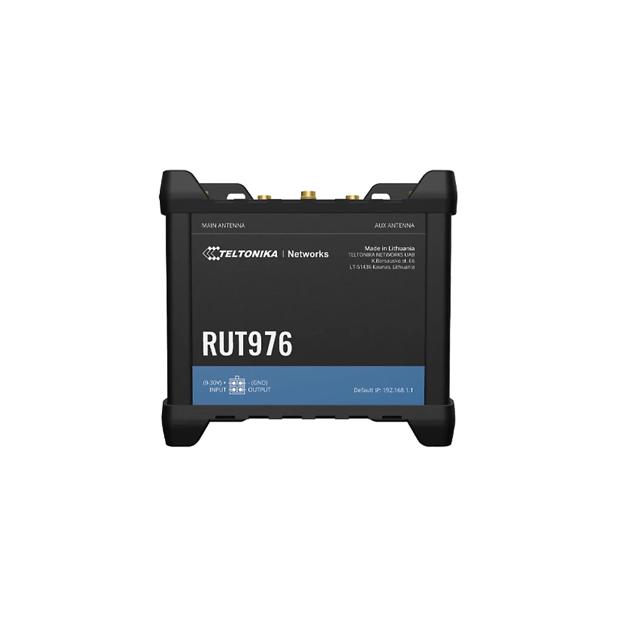 Schwarzes Gerät mit Antennen und Aufschrift RUT976, Teltonika Networks.