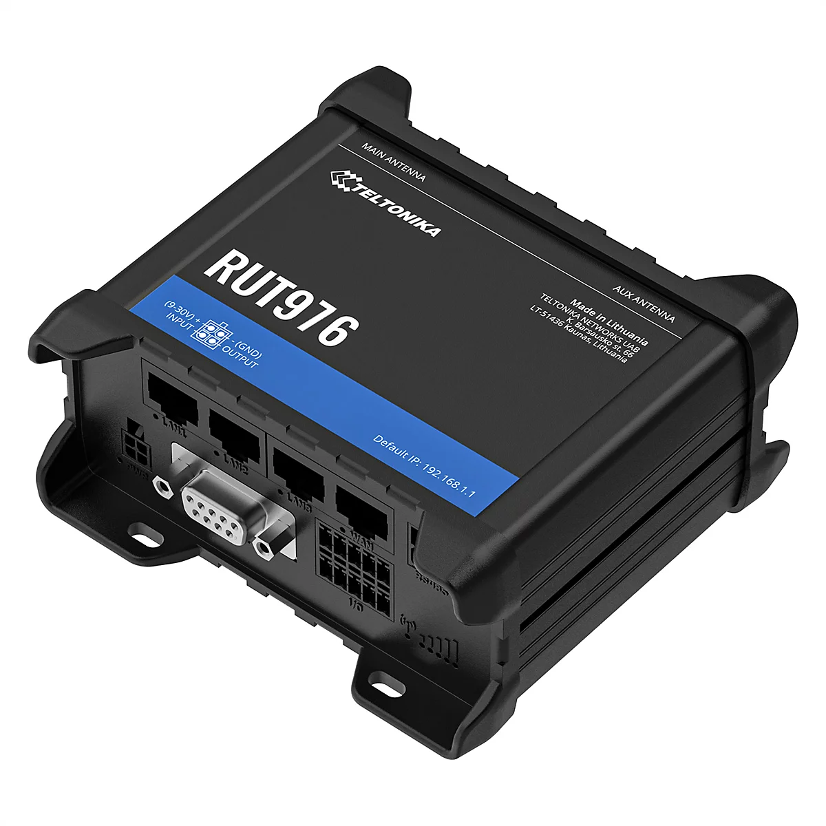 Schwarzer Router mit "RUT976" und "TELTONIKA" Aufschrift. Anschlüsse und Antennenanschluss. Aufschrift "Made in Lithuania".