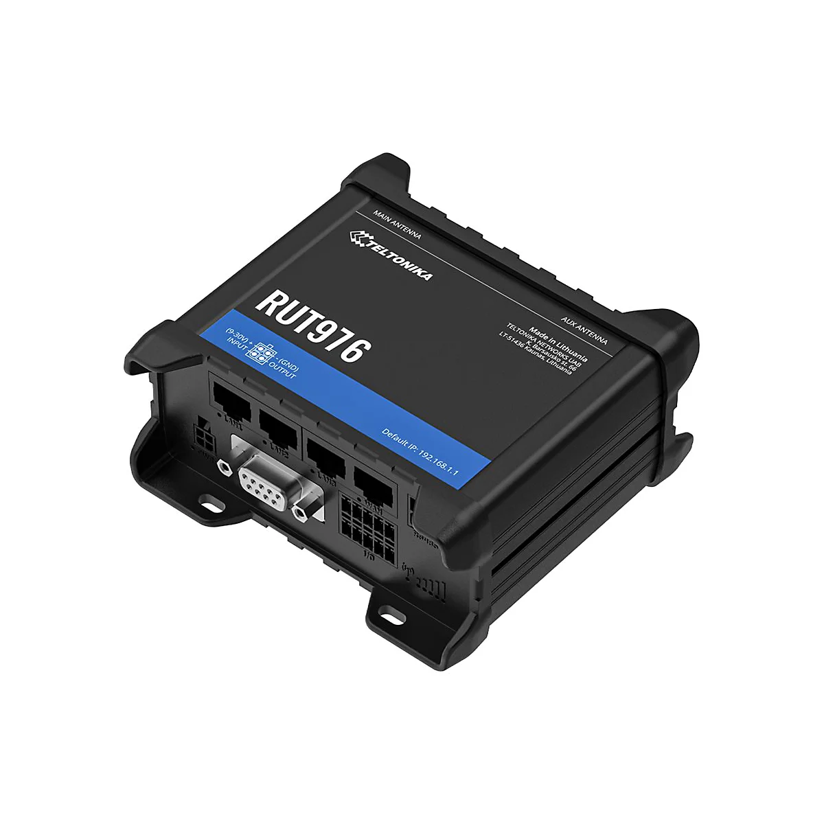 Schwarzes Router-Modell RUT976 von Teltonika. Das Gerät ist mit Anschlüssen und der Aufschrift "RUT976" und "TELTONIKA" versehen.