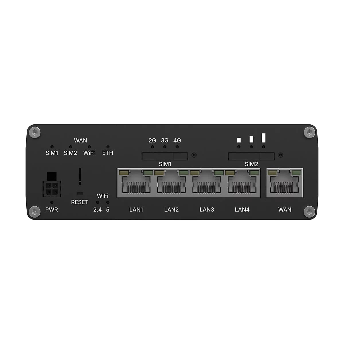 Frontansicht eines industriellen Netzwerk-Routers mit SIM-Slots, LAN- und WAN-Anschlüssen sowie Status-LEDs.