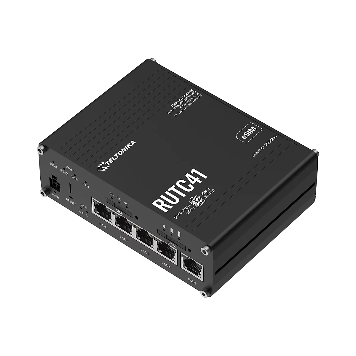 Schwarzer Router mit "RUTC41" Aufschrift, Anschlüssen und Labels. Oben links das "Teltonika" Logo, rechts "eSIM".