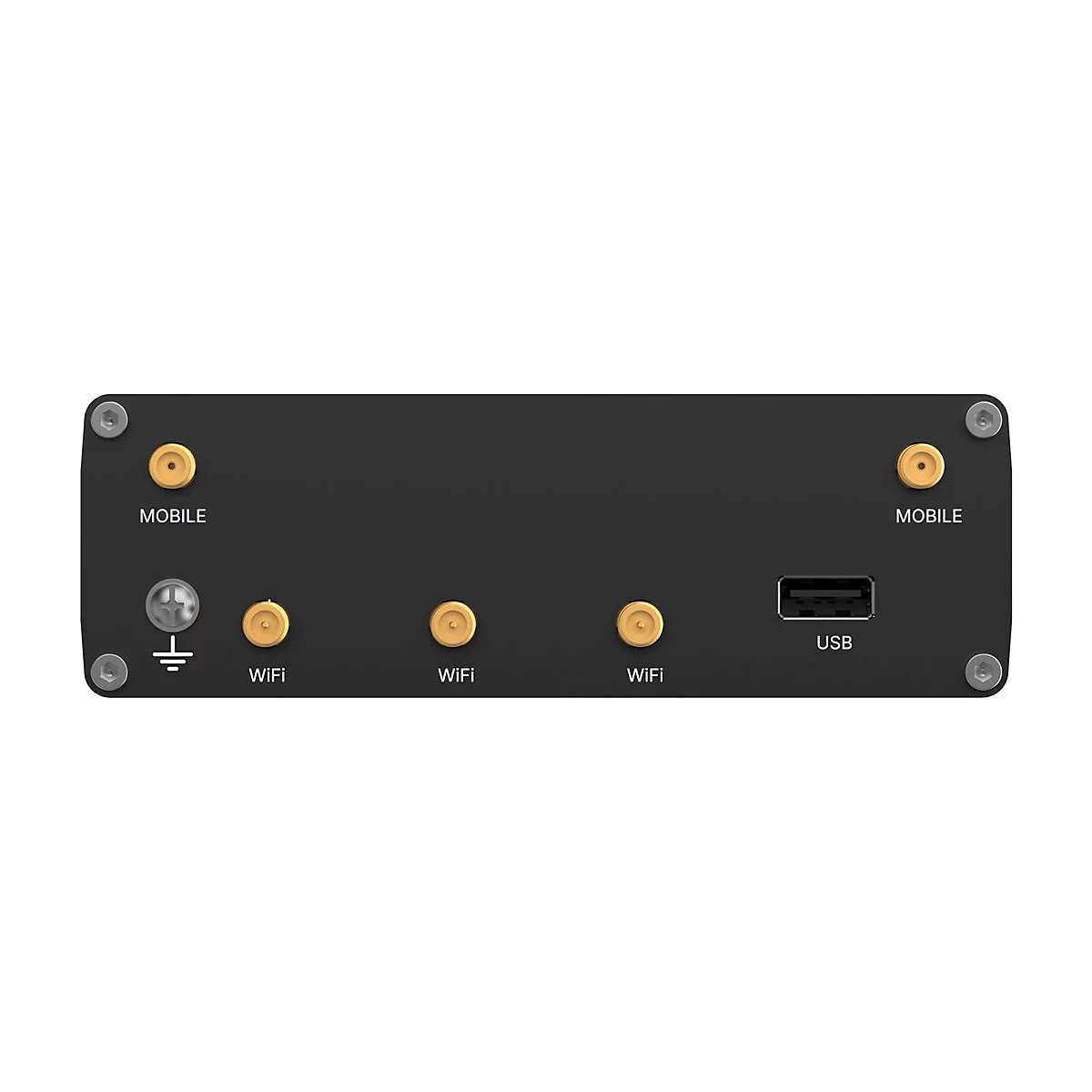 Rückseite eines schwarzen Elektronikgehäuses mit goldenen Antennenanschlüssen, USB-Port und Erdungsschraube.
