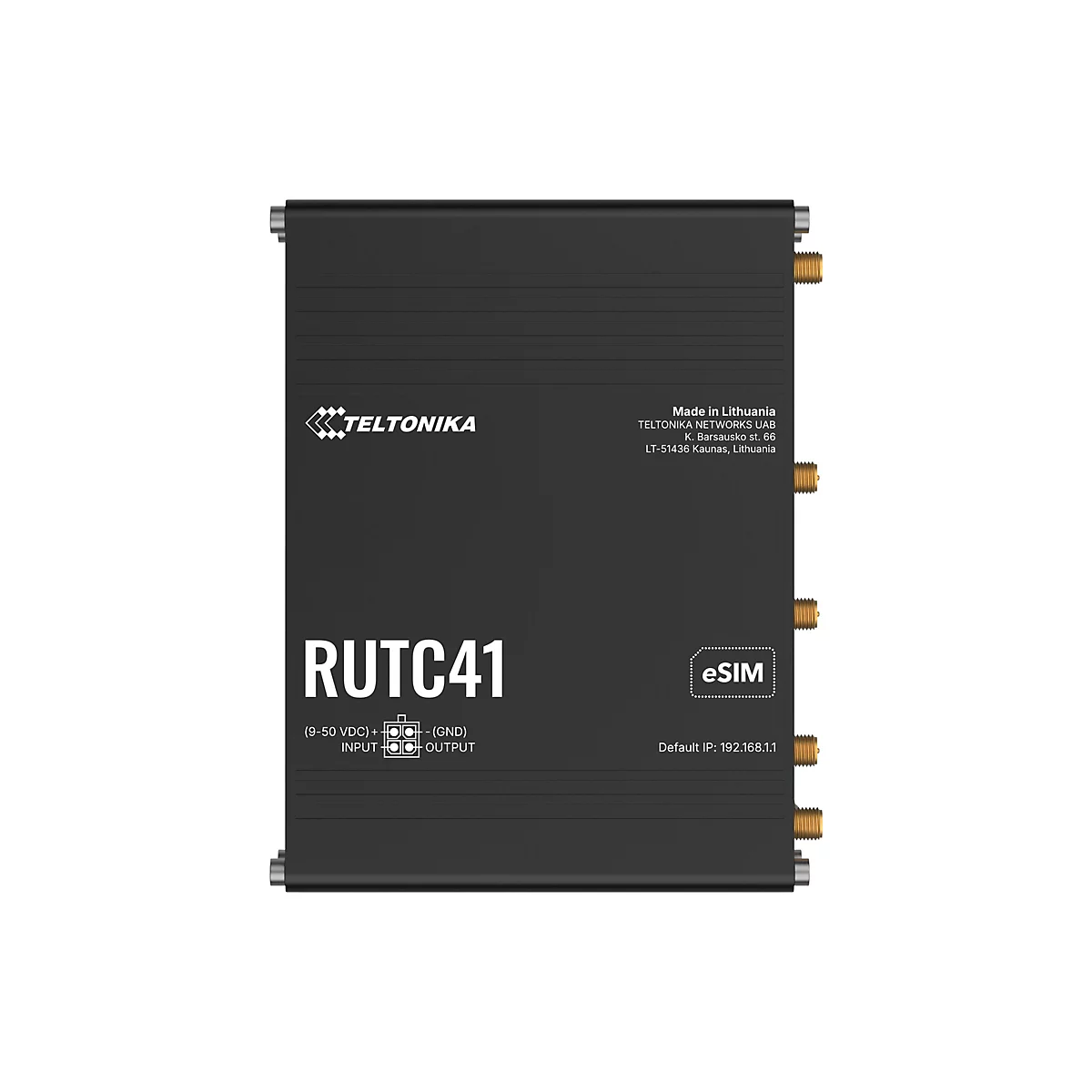 Schwarzes Teltonika RUTC41 Industriegateway mit goldenen Antennenanschlüssen und technischer Beschriftung.