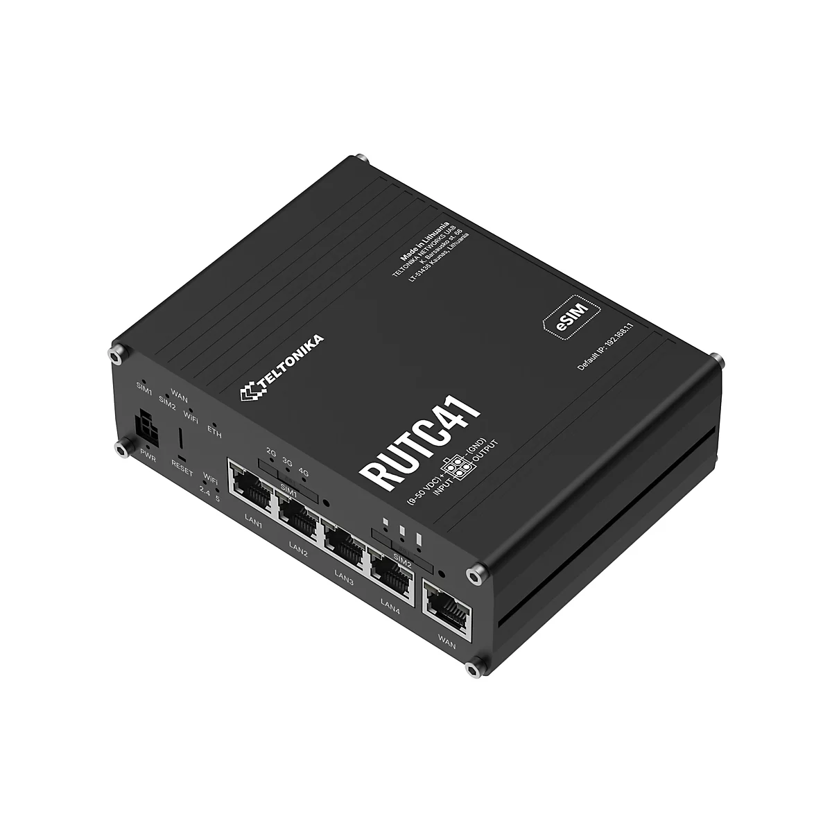 Schwarzer Teltonika RUTC41 Industrie-Router mit LAN-Ports und SIM-Kartenslots auf weißem Hintergrund.