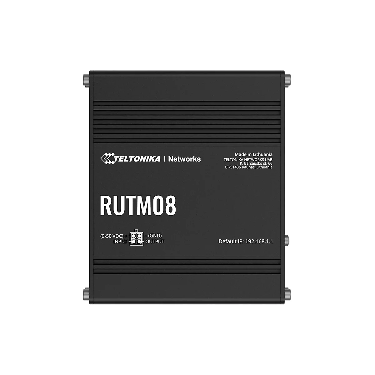 Schwarzer Teltonika Netzwerke Router RUTM08 vor neutralem Hintergrund.
