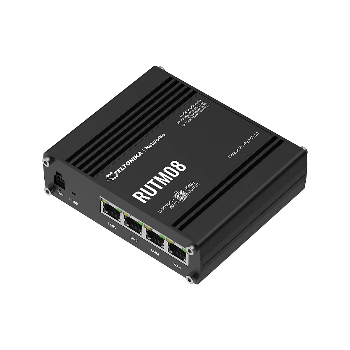 Schwarzer Teltonika RUTM08 Router mit LAN- und WAN-Anschlüssen auf weißem Hintergrund.