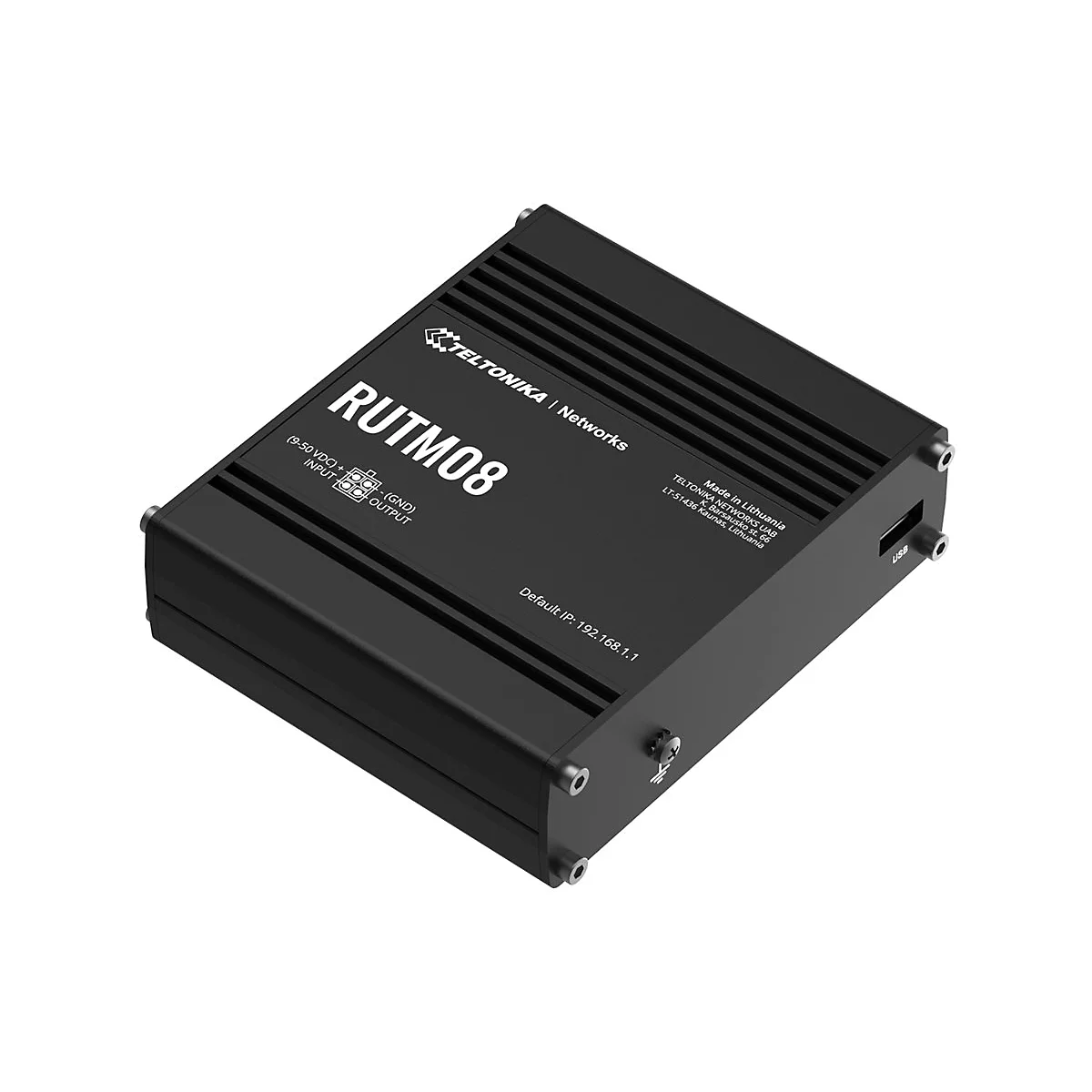 Schwarzer Teltonika RUTM08 Router in einem Metallgehäuse mit deutlich lesbaren technischen Beschriftungen.