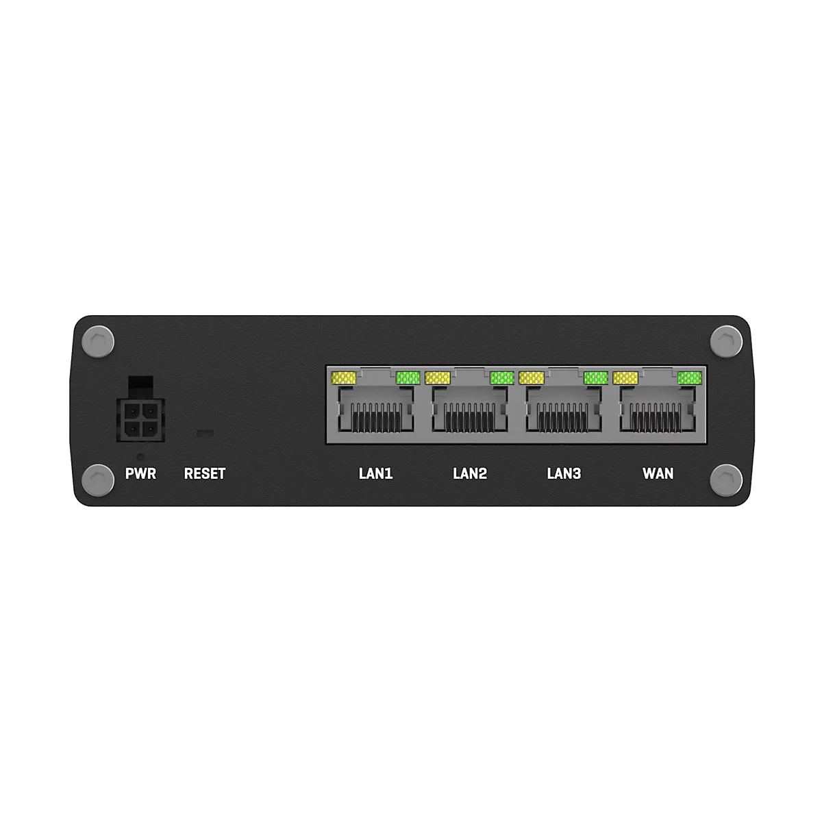 Rückseite eines schwarzen Netzwerkrouters mit Stromanschluss, Reset-Taste und vier LAN/WAN-Anschlüssen.