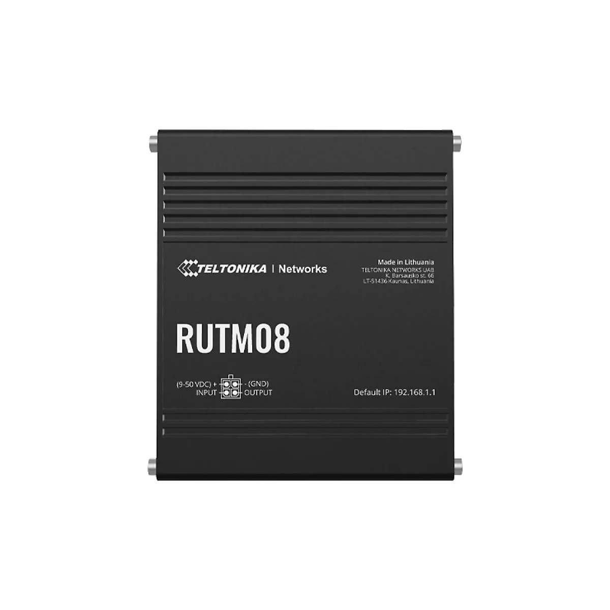Schwarzes Netzwerkgerät mit der Aufschrift RUTM08 und dem Logo von Teltonika. Informationen zu IP und Anschlüssen sind sichtbar.