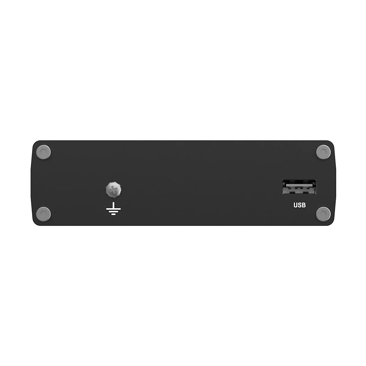 Schwarze Gehäuserückseite mit USB-Anschluss, Erdungsschraube und Symbolen vor weißem Hintergrund.
