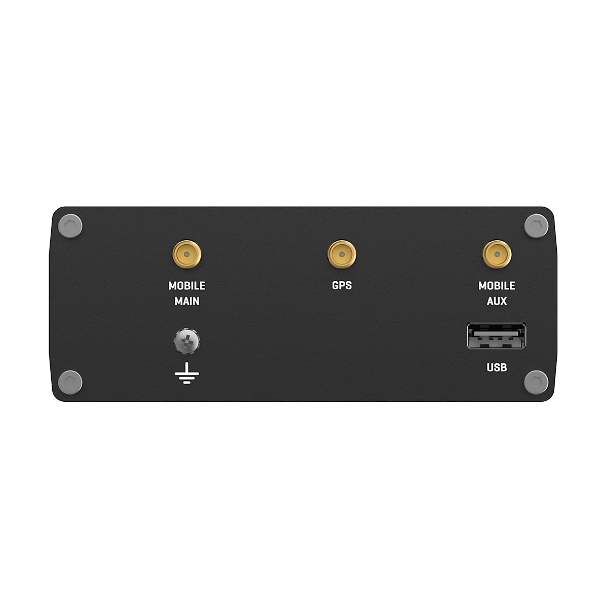 Rückseite eines schwarzen Elektronikgeräts mit drei goldenen Antennenanschlüssen, einem USB-Port und Erdungsschraube.
