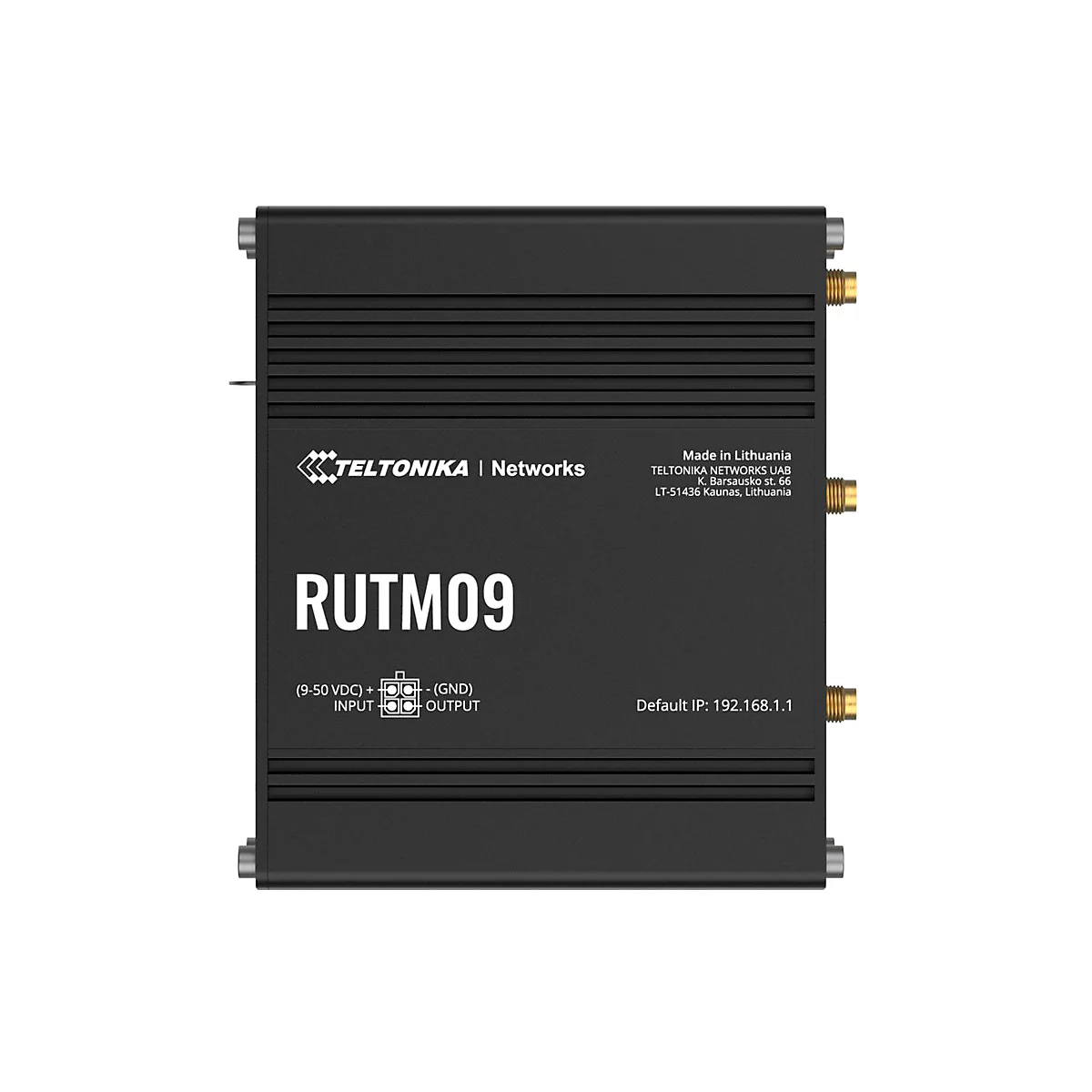 Schwarzer Teltonika RUTM09 Router mit Anschlüssen und Firmenlogo auf weißem Hintergrund.
