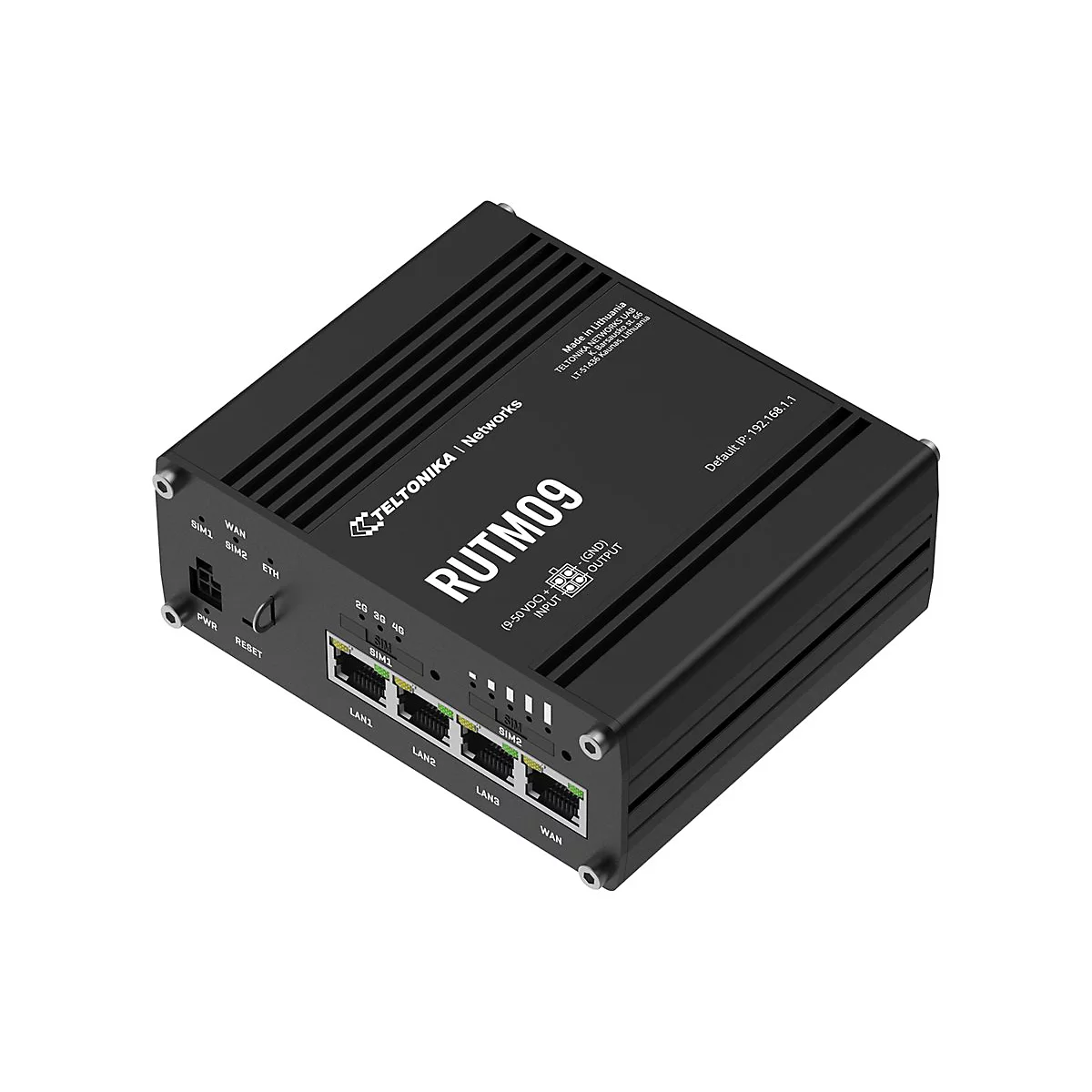 Schwarzer Teltonika RUTM09 Industrie-Router mit LAN-Ports und SIM-Kartenslots auf weißem Hintergrund.