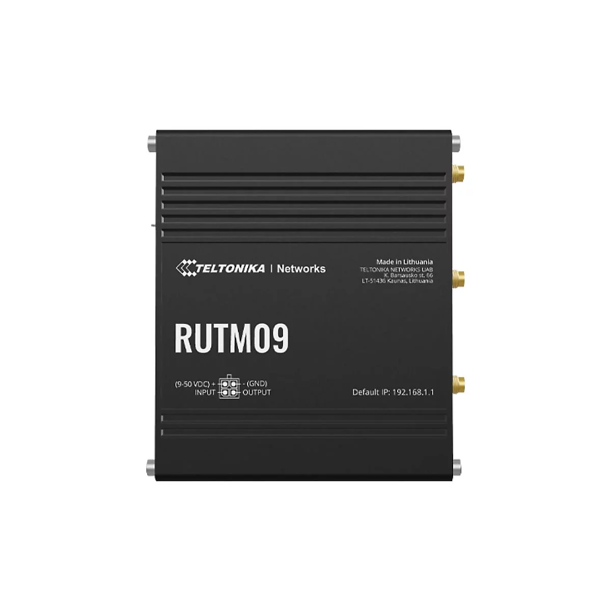 Schwarzes RUTM09-Gerät mit Text: TELTONIKA Networks, RUTM09, Anschlüsse und IP-Adresse. Herstellerangabe: Made in Lithuania.