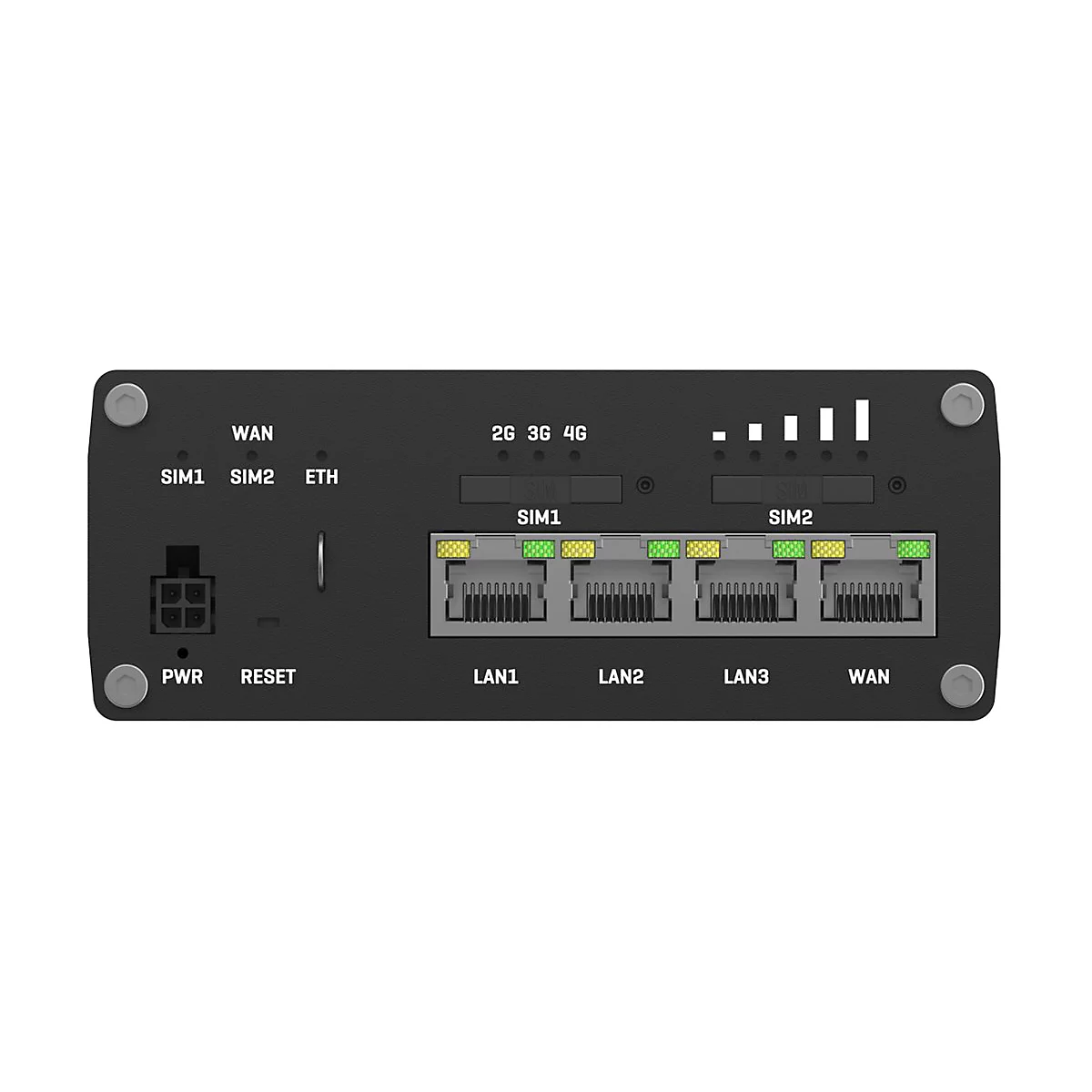 Frontansicht eines schwarzen Netzwerk-Routers mit vier Ethernet-Anschlüssen, SIM-Kartenslots und Status-LEDs.