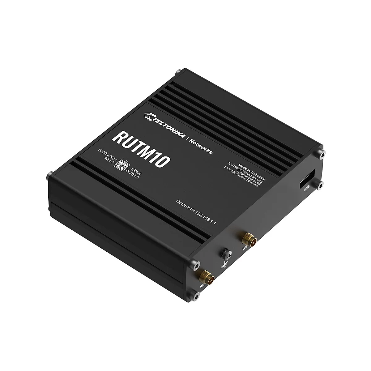 Schwarzer Teltonika RUTM10 Industrie-Router mit Anschlüssen auf neutralem Hintergrund.
