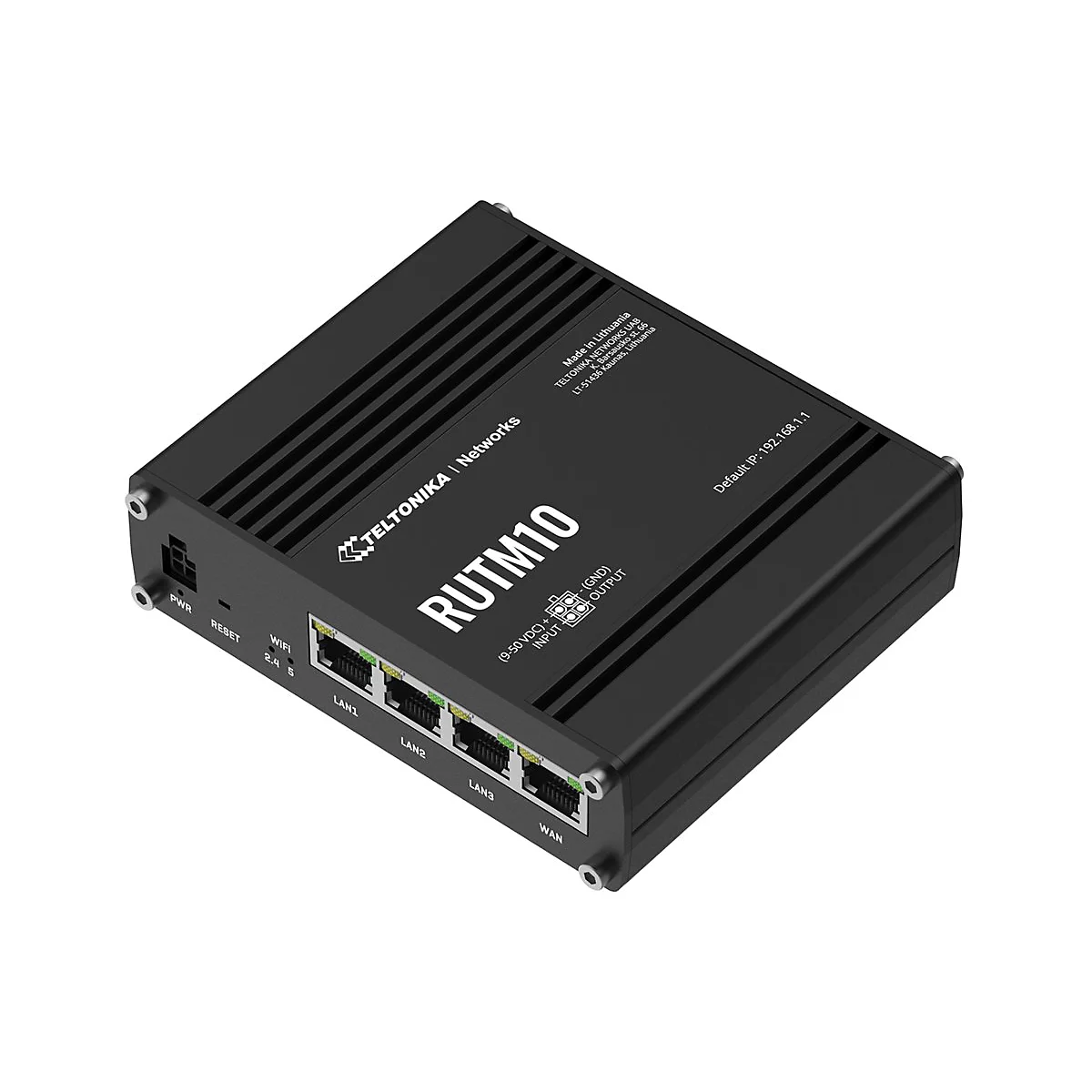 Schwarzer Teltonika RUTM10 Industrie-Router mit LAN- und WAN-Anschlüssen auf weißem Hintergrund.