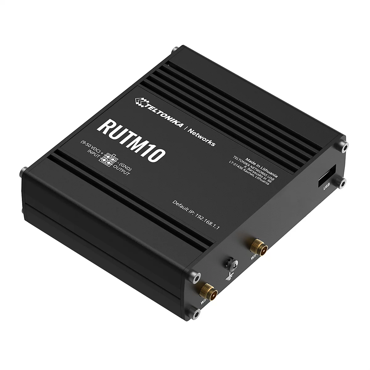 Schwarzer Router mit "RUTM10" Beschriftung, "TELTONIKA" Logo und Anschlüssen. Seitlich: "Wir", "USB".