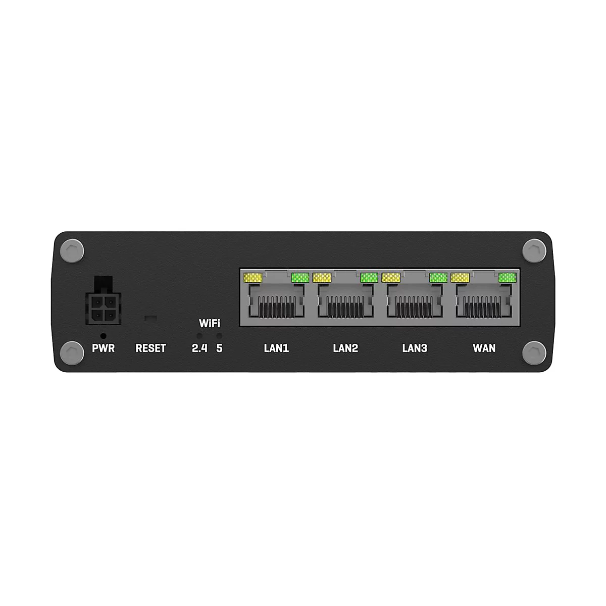 Schwarze Rückseite eines Routers mit Stromanschluss, Reset-Taste, WLAN-Anzeigen und vier Netzwerkports.