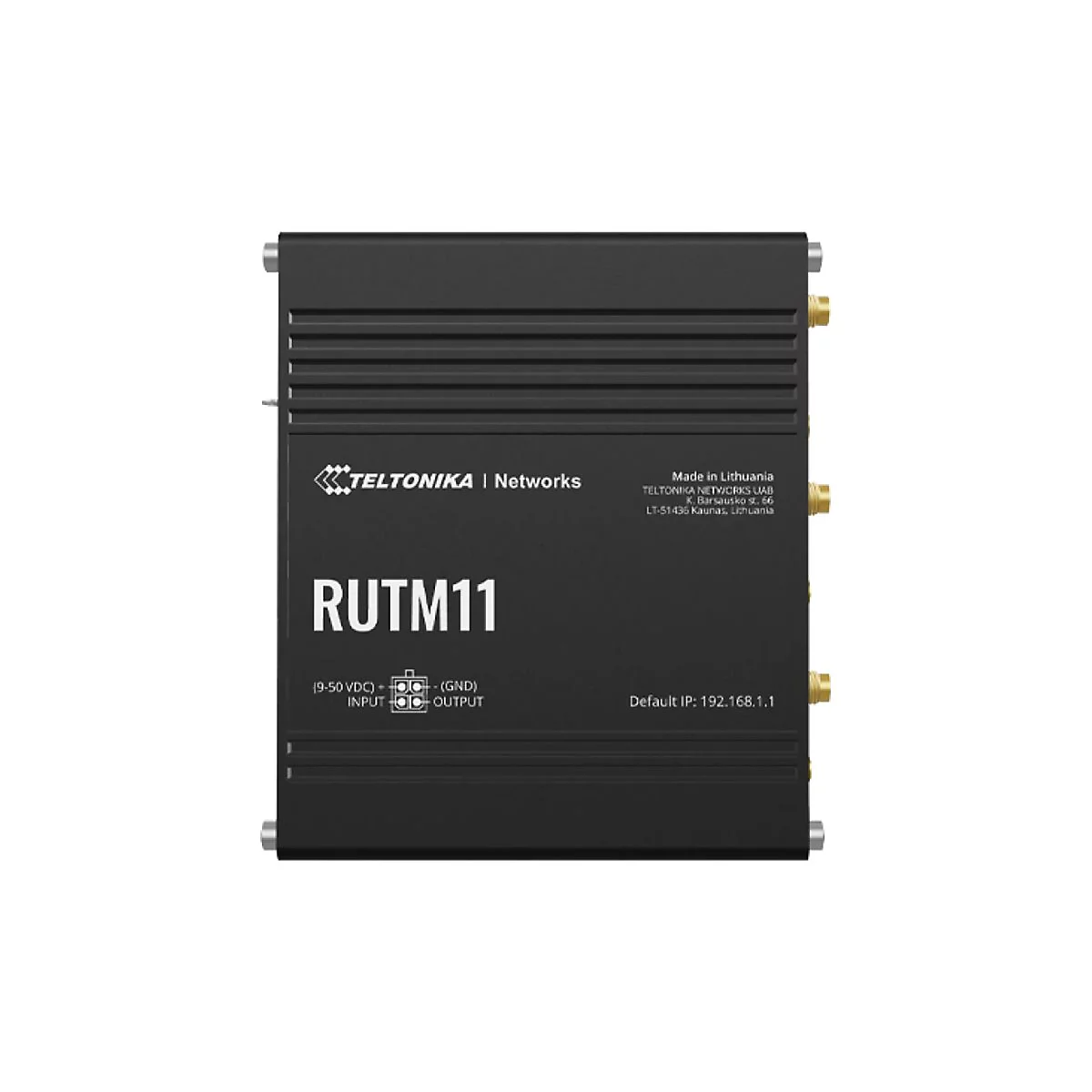 Schwarzes RUTM11-Gerät mit Logos und Text. Es gibt Antennen und Anschlüsse.