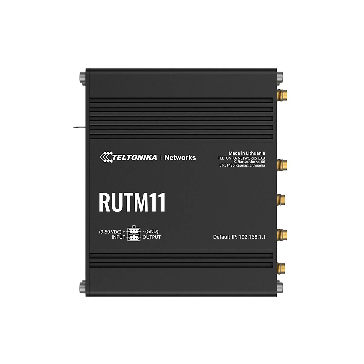 Schwarzer Teltonika RUTM11 Router mit Anschlüssen und Produktbeschriftung auf weißem Hintergrund.