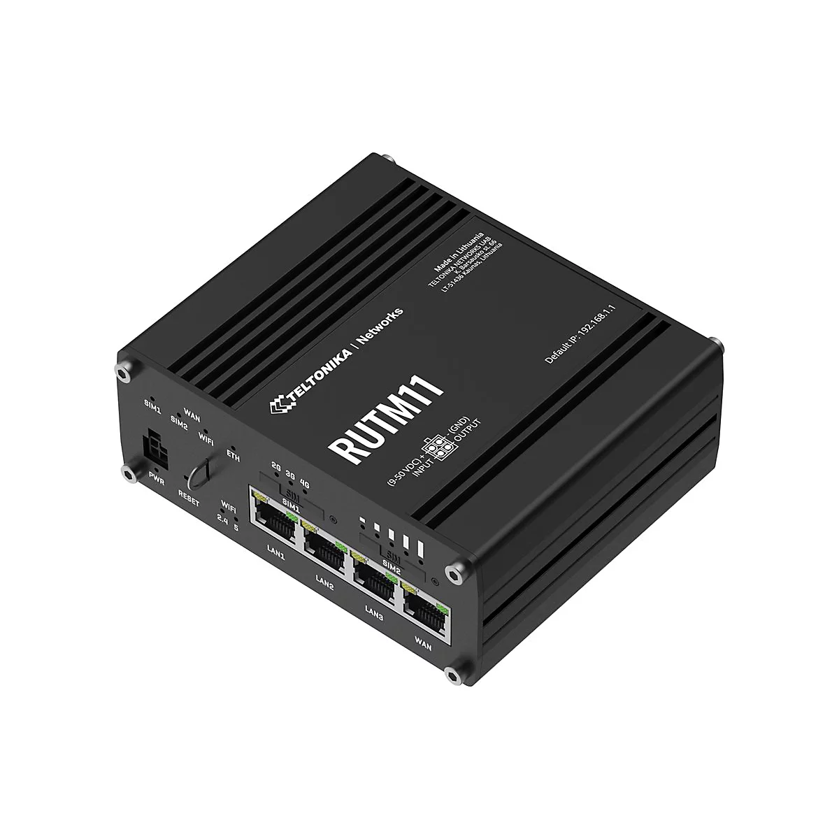 Schwarzer Teltonika RUTM11 Industrie-Router mit LAN- und WAN-Anschlüssen sowie SIM-Kartenslots.